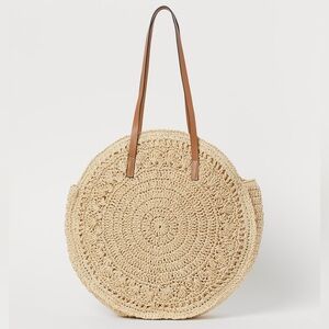 H&M Round Straw Shopper, Circle Jute Straw Basketweave Beach Shoulder Bag